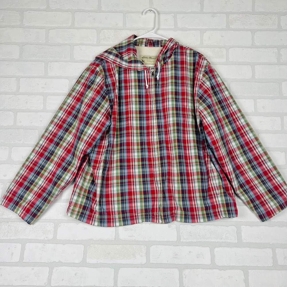 Eddie Bauer Womens XL Plaid Hooded Zip Up Jacket Red Blue Green Cotton Lining